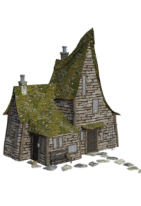 A rustic, two-story wooden cottage with moss-covered, slanted roofs—perfect for those curious about moss treatment cost—features small chimneys and stone steps leading to the door.