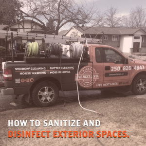 A service truck with cleaning equipment parked in a residential area, promoting sanitation and disinfection of exterior spaces.