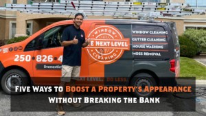 A man stands smiling and giving a thumbs up in front of a branded window cleaning van, with a text overlay about affordable ways to improve property appearance.