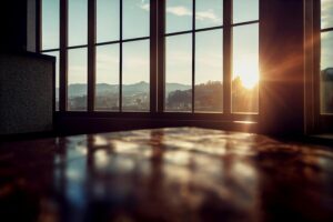 Sunlight streams through large floor-to-ceiling windows, casting long shadows on a polished surface with distant hills visible outside.