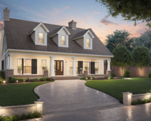 A two-story suburban house with a covered front porch, manicured lawn, and paved driveway, set against a sunset sky and surrounded by trees and a wooden fence.