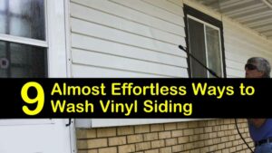 A person washes white vinyl siding with a power washer; text overlay reads, "9 Almost Effortless Ways to Wash Vinyl Siding.