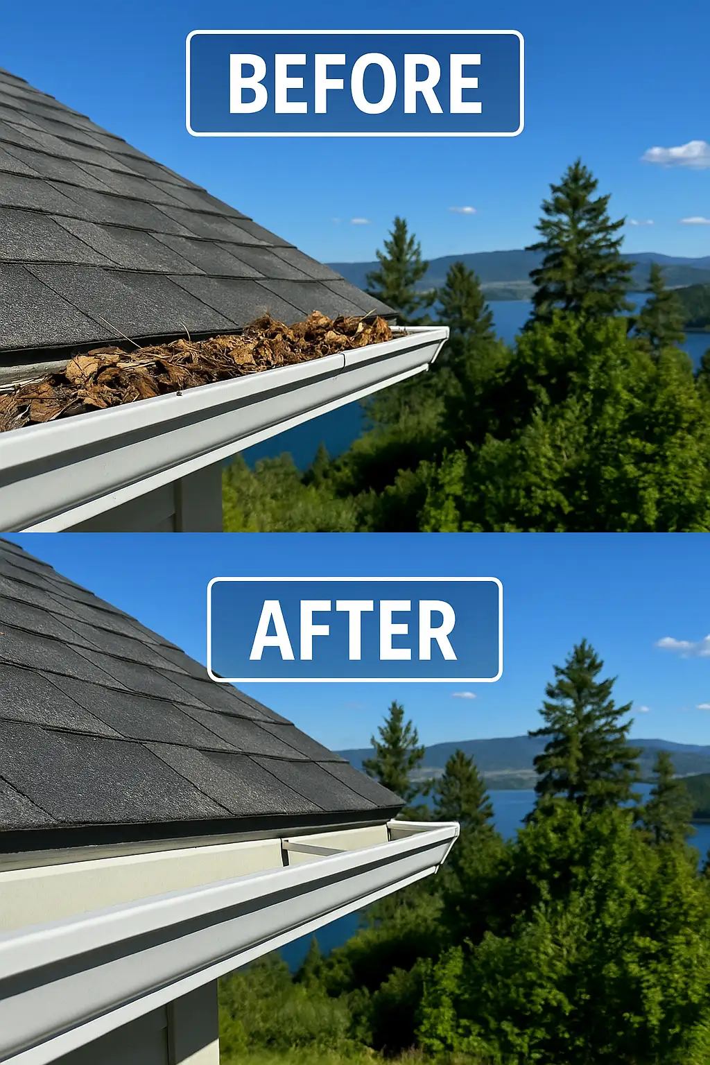 Split image showing gutters on a Lake Country BC home before and after cleaning: top gutter filled with debris and leaves, bottom gutter spotless with clear view of Oyama Lake and forest.