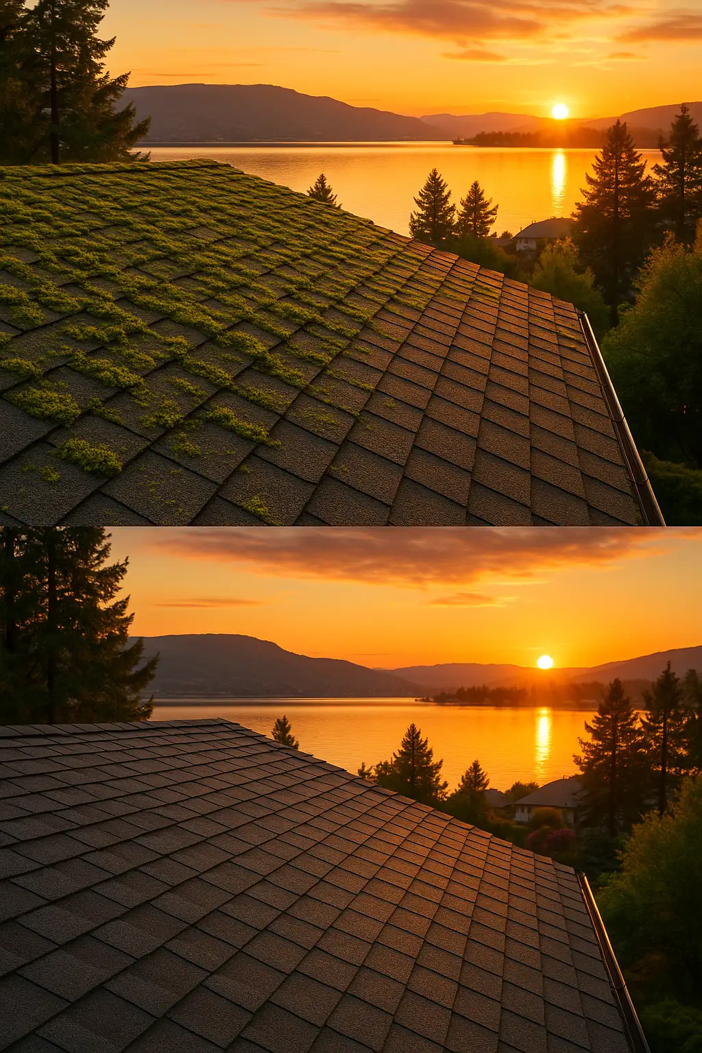 Split image of a roof in Turtle Bay, Lake Country BC, showing heavy moss before treatment and a clean, restored roof after moss removal at sunset