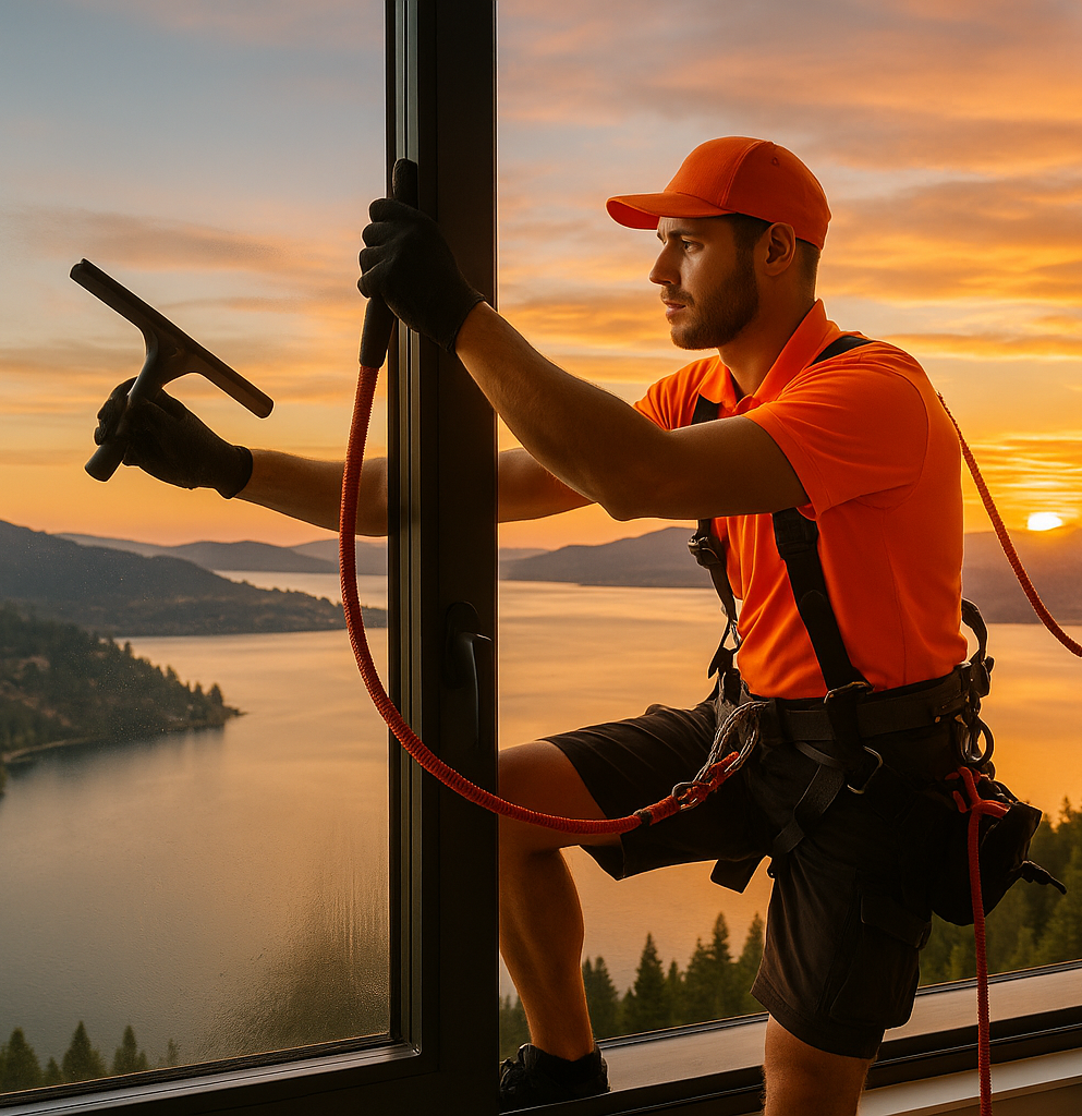 Professional window cleaner wearing an orange shirt and safety gear, suspended on a harness while cleaning high-rise glass with a squeegee at sunset in Lake Country, BC
