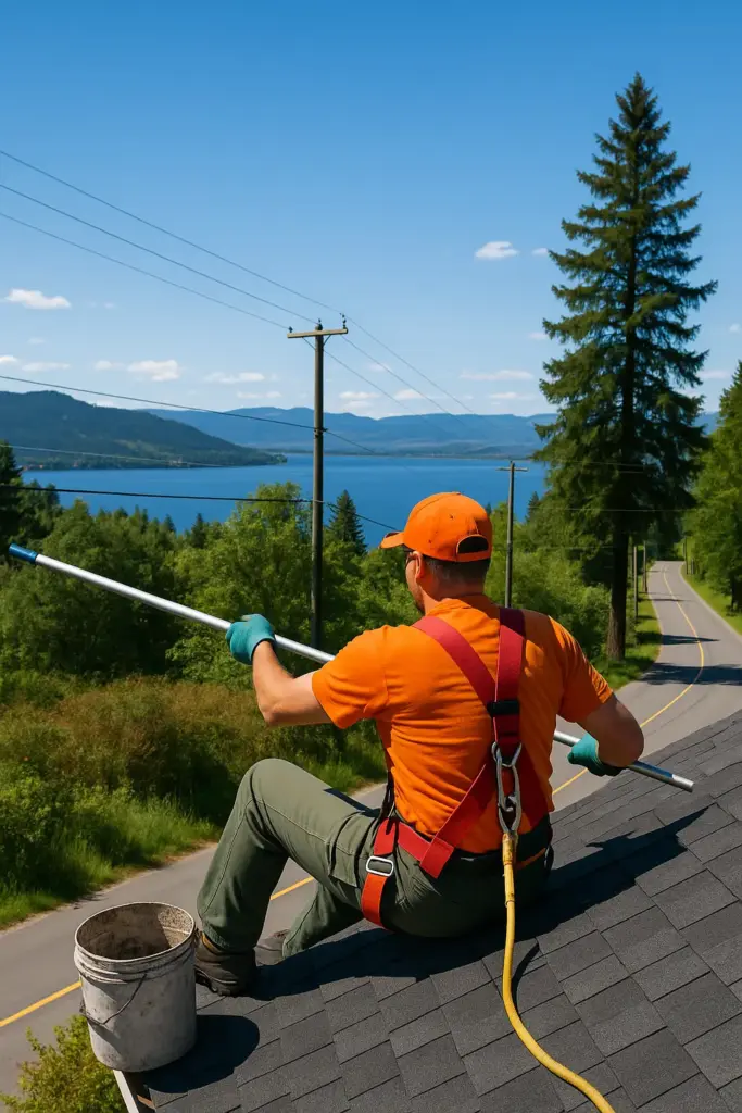 Professional gutter cleaner in orange shirt and safety harness sitting on a roof in Lake Country BC, cleaning gutters with an extension pole on a sunny day near Oyama Lake.