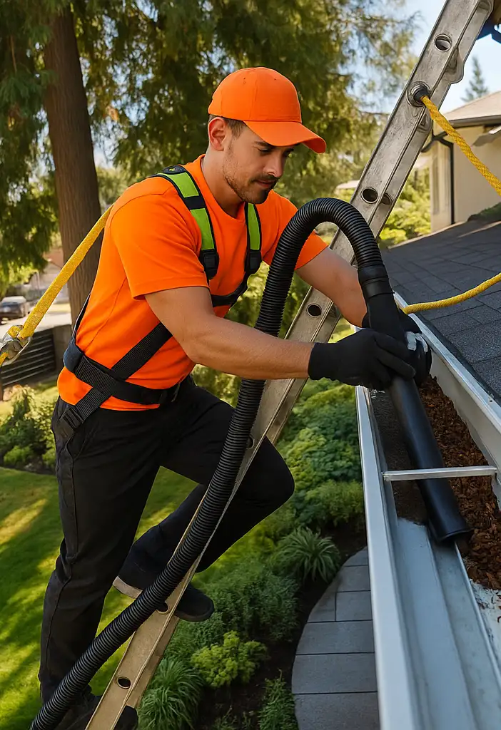 Professional gutter cleaner in orange safety gear using a vacuum to clean gutters on a luxury home in Lake Country, BC during golden sunset