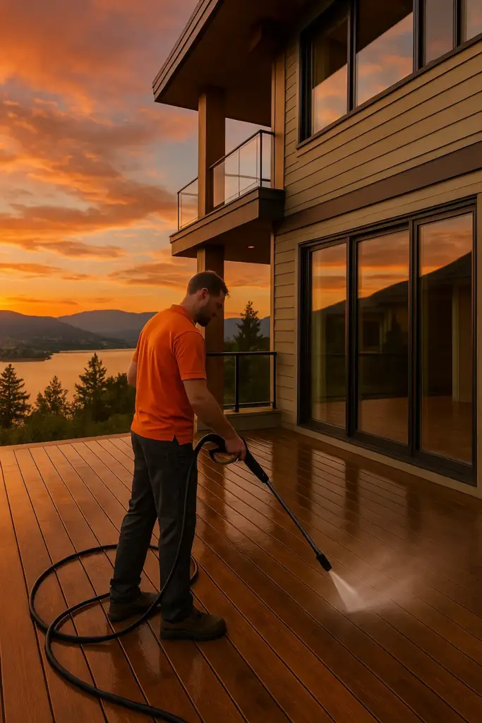 A professional pressure washing a luxury upper-floor patio deck at sunset with a scenic view of Lake Country, BC in the background