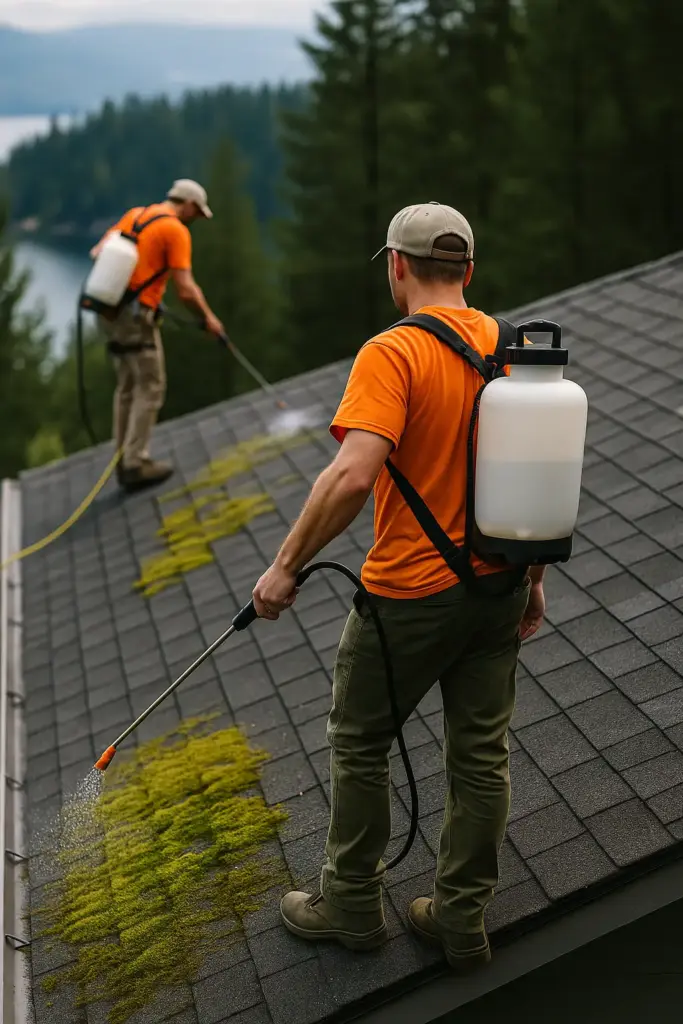 Two professionals in orange shirts safely treating moss on a sloped roof in Lake Country, BC, using eco-friendly sprayers with forest and lake in background