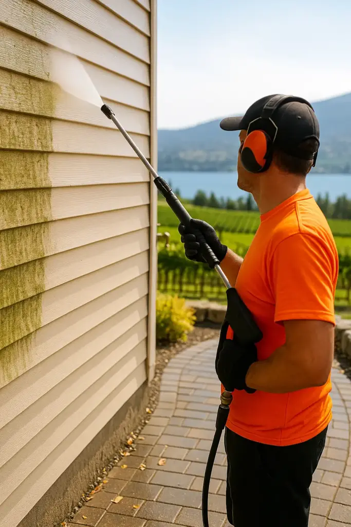 Professional cleaner pressure washing a residential patio in Lake Country, BC, showing contrast between dirty and clean surfaces with visible orchard dust, grime, and mildew