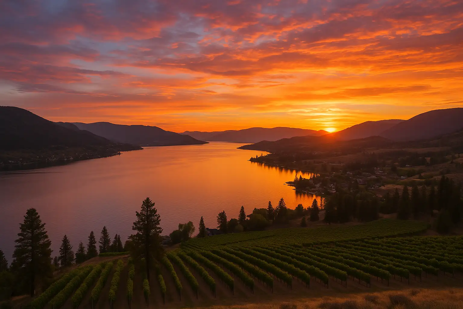Stunning sunset over Lake Country, BC with vineyards, lake, and mountains—ideal backdrop for exterior cleaning services branding.