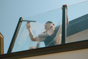 How to Clean Windows Without Streaks in Kelowna BC Tower Ranch region. A live next level team member making railing glass look perfect.