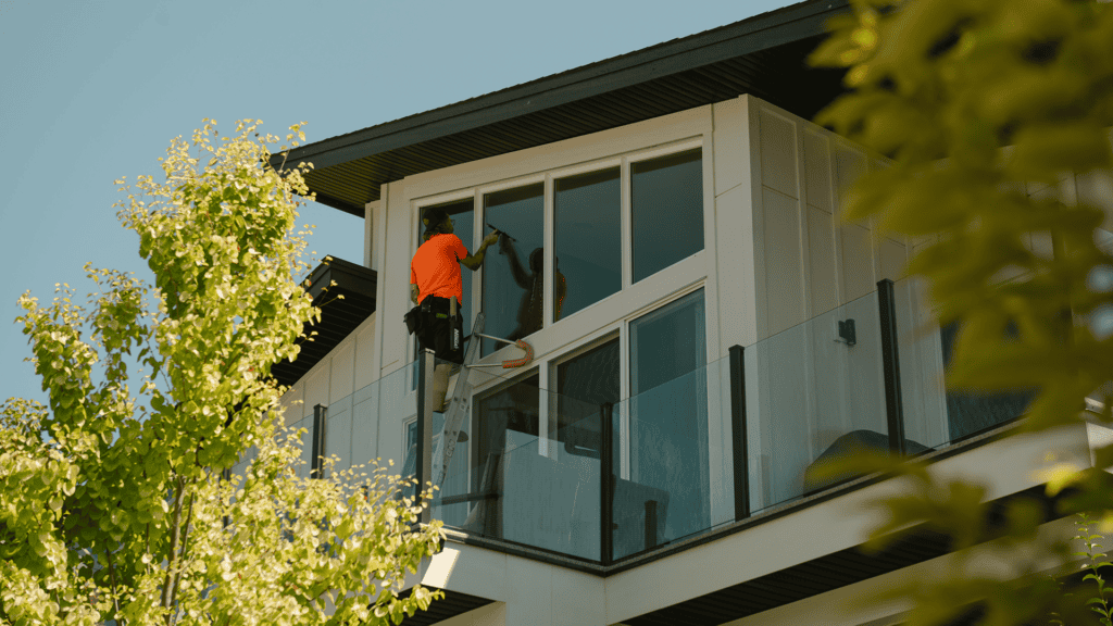 Live Next Level technician on a ladder cleaning the upper windows of a modern Kelowna home