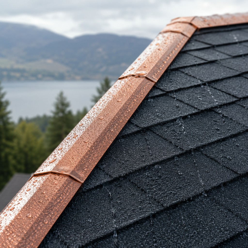 Close-up of copper ridge flashing on dark asphalt shingles with rain droplets, natural moss prevention for Okanagan roofs