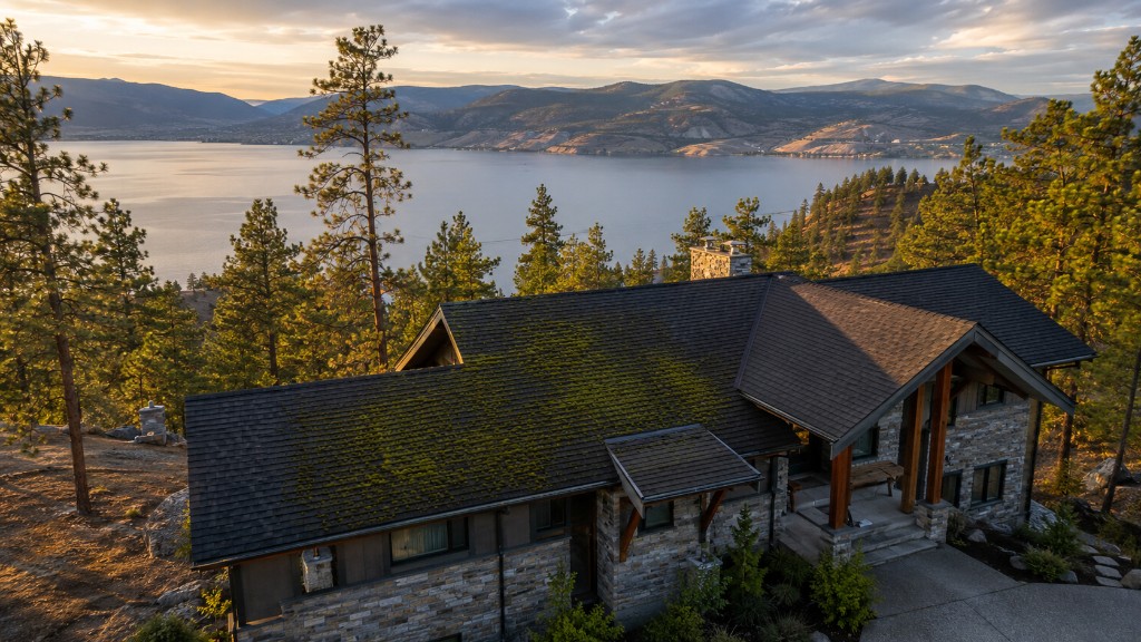 Luxury lakeside home in the Okanagan with thick green moss growth on north-facing asphalt shingle roof, pine trees and lake at golden hour sunset