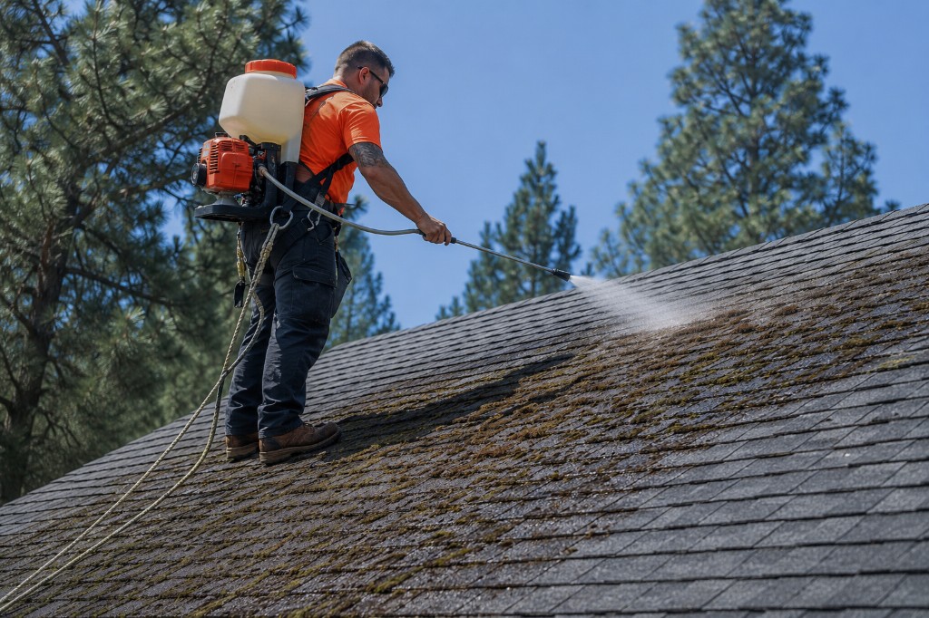 Live Next Level technician in safety harness soft-washing moss-covered asphalt shingle roof with low-pressure sprayer in Kelowna BC