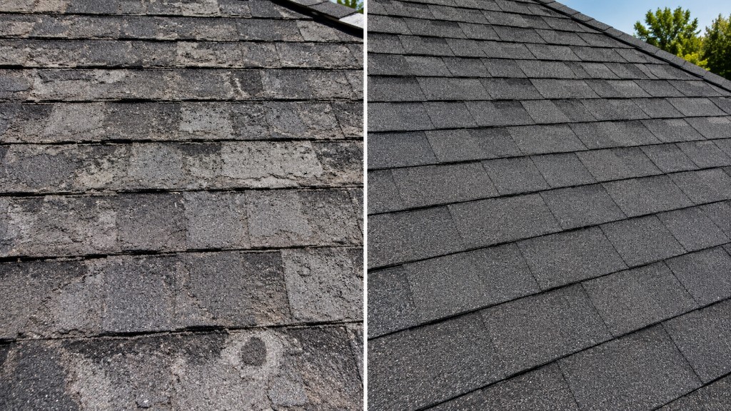 Side-by-side comparison of failing asphalt shingles with granule loss and moss damage versus brand new charcoal architectural shingles after professional roof replacement