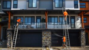 Live Next Level's three-person crew cleaning windows and exteriors on a modern multi-unit Okanagan townhome building